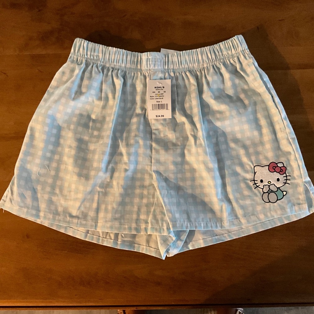 Hello Kitty Pajama Shorts Women's L Blue Gingham‎ Sleep Lounge Kohl's New